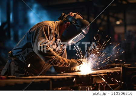 Industrial welder with torch in the factory Industrial welder with torch in the factory 110506216
