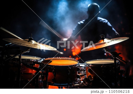 Man plays musical percussion instrument, drums on stage Man plays musical percussion instrument, drums on stage 110506218