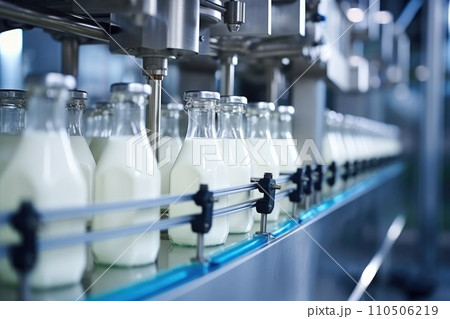 Milk factory. Robotic factory line for processing and bottling of milk. Milk factory. Robotic factory line for processing and bottling of milk. 110506219