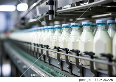 Milk factory. Robotic factory line for processing and bottling of milk. 110506220