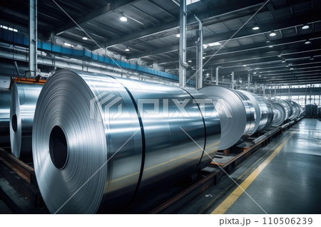 Rolls of galvanized steel sheet inside the factory or warehouse. Industrial production Rolls of galvanized steel sheet inside the factory or warehouse. Industrial production 110506239