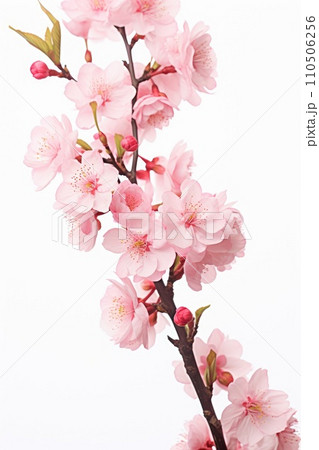Pink cherry blossom on white background, isolated Sakura tree branch 110506256