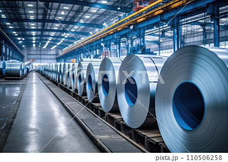 Rolls of galvanized steel sheet inside the factory or warehouse. Industrial production Rolls of galvanized steel sheet inside the factory or warehouse. Industrial production 110506258