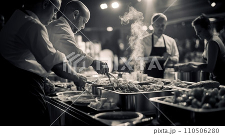 A bustling catering event, with chefs preparing exquisite dishes in an open kitchen. Catering buffet food indoor in restaurant 110506280