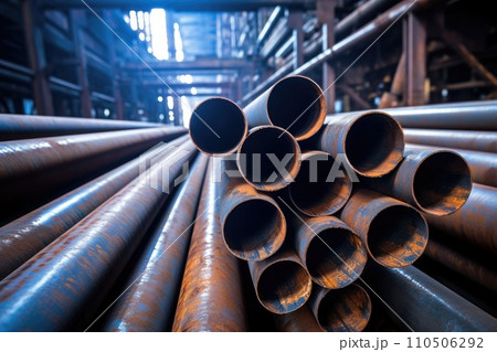 Steel pipes inside the factory or warehouse. Industrial production 110506292