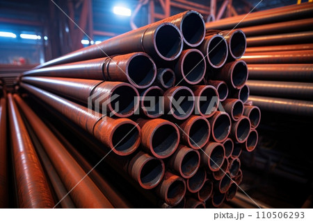 Steel pipes inside the factory or warehouse. Industrial production Steel pipes inside the factory or warehouse. Industrial production 110506293