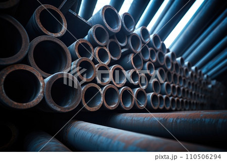 Steel pipes inside the factory or warehouse. Industrial production Steel pipes inside the factory or warehouse. Industrial production 110506294
