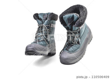 off-road boots insulated for the cold season, high shin, lacing, anti-slip corrugated reinforced sole for travel and winter fishing isolate 110506409
