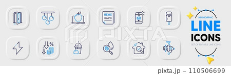 Laptop, Energy and Deflation line icons for web app. Pack of Inspect, Ice cream milkshake, Fishing reel pictogram icons. Open door, Ceiling lamp, Ice cream signs. Water analysis, Mail. Vector 110506699
