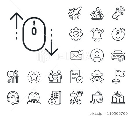 Scrolling screen sign. Salaryman, gender equality and alert bell outline icons. Scroll down mouse line icon. Swipe page. Scroll down line sign. Spy or profile placeholder icon. Vector 110506700