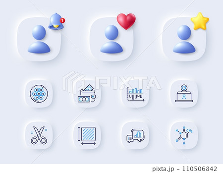 Cable section, Chemical formula and Video conference line icons. Placeholder with 3d bell, star, heart. Pack of Scissors, Diagram chart, Money wallet icon. Square area, Graph chart pictogram. Vector Cable section, Chemical formula and Video conference line icons. Placeholder with 3d bell, star, heart. Pack of Scissors, Diagram chart, Money wallet icon. Square area, Graph chart pictogram. Vector 110506842