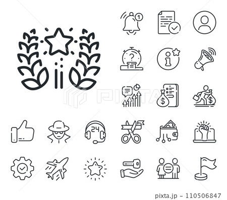 Laurel wreath star star sign. Salaryman, gender equality and alert bell outline icons. Ranking line icon. Best rank symbol. Ranking line sign. Spy or profile placeholder icon. Vector 110506847