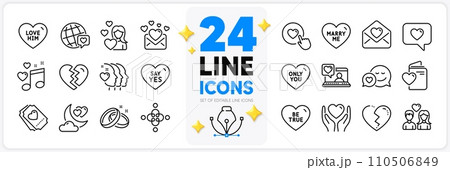 Icons set of Dating, Say yes and Friends couple line icons pack for app with World brand, Love, Friends chat thin outline icon. Hold heart, Like button, Love him pictogram. Wedding rings. Vector 110506849