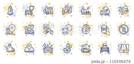 Outline set of Car travel, Flight mode and Petrol station line icons for web app. Include Search flight, Pin, Packing boxes pictogram icons. No parking, Metro, Gps signs. Gas price. Vector 110506878