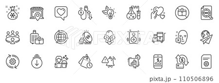 Icons pack as Speakers, Inventory cart and Money transfer line icons for app include Hold heart, Globe, Time management outline thin icon web set. Heart, No handbag, Eco energy pictogram. Vector 110506896