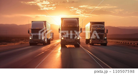 three semi trucks drive down the road during sunset three semi trucks drive down the road during sunset 110507598