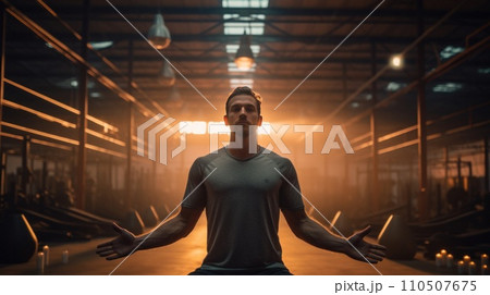 a sportsman engaged in a yoga session amidst the gym's hustle a sportsman engaged in a yoga session amidst the gym's hustle 110507675