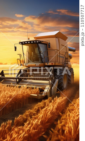 Combine in wheat field harvesting wheat at sunset Combine in wheat field harvesting wheat at sunset 110507717