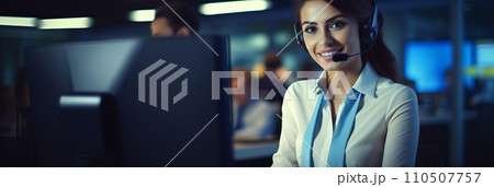 Smiling Latina girl with headphones and microphone in a call center, banner Smiling Latina girl with headphones and microphone in a call center, banner 110507757
