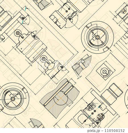 Mechanical engineering drawings on sepia background. Tap tools, borer. Technical Design. Cover. Blueprint. Seamless pattern. Vector illustration. 110508152