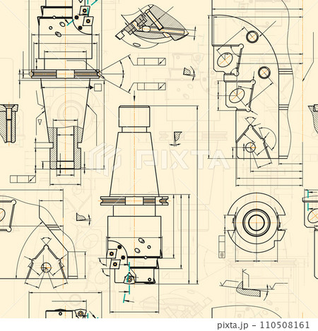 Mechanical engineering drawings on sepia background. Tap tools, borer. Technical Design. Cover. Blueprint. Seamless pattern. Vector illustration. 110508161