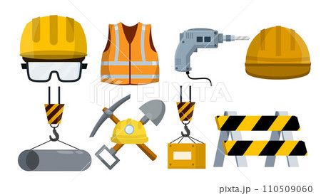 Industrial object - Yellow helmet worker, Safety glasses Builder. Cartoon flat illustration. Repair and engineering works. Clothing for safety of production. Industrial object 110509060