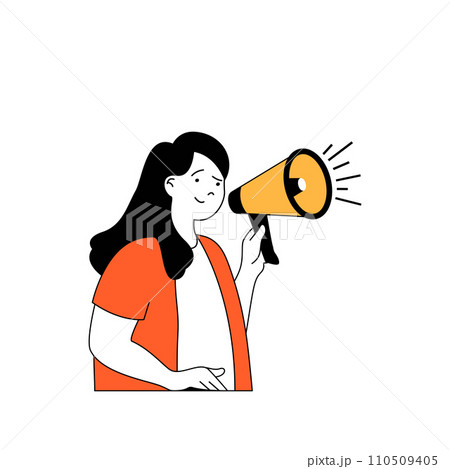 Fitness concept with cartoon people in flat design for web. Woman exercising sportsmans and using loudspeaker for more motivation. Vector illustration for social media banner, marketing material. 110509405