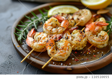 Grilled shrimps or prawns served with lemon and garlic. Seafood. Generative AI Grilled shrimps or prawns served with lemon and garlic. Seafood. Generative AI 110510055