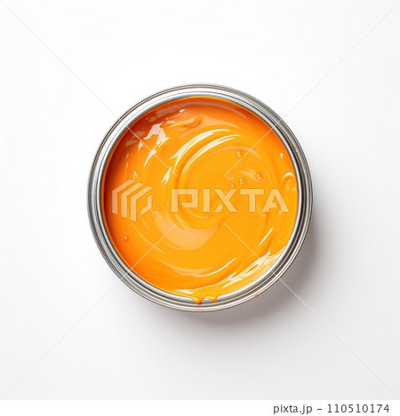 Open tin can of yellow and orange paint isolated on white background. Top view. Shades of yellow and orange paints in one jar. Open tin can of yellow and orange paint isolated on white background. Top view. Shades of yellow and orange paints in one jar. 110510174