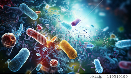 Probiotics and bacteria. 3D illustration of a gram-negative rod-shaped bacteria with a single polar flagellum. Biology and microscopic medicine. 110510190