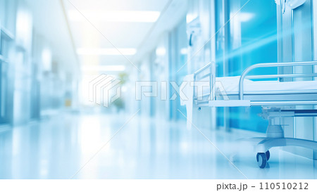 Hospital bed in a hospital room. Empty hospital corridor. Blurred interior of the hospital. Abstract medical institution. Hospital bed in a hospital room. Empty hospital corridor. Blurred interior of the hospital. Abstract medical institution. 110510212