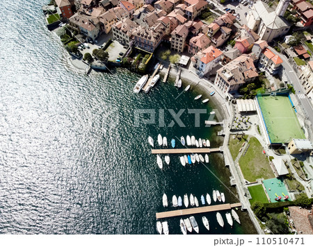 Aerial birds eye view photo taken by drone of Yalos, iconic port of Symi island 110510471