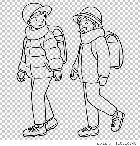 登校する小学生のイラスト（線画、冬服） 110510549