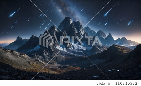 流星群のイメージ　夜の山脈　AI生成画像 110510552