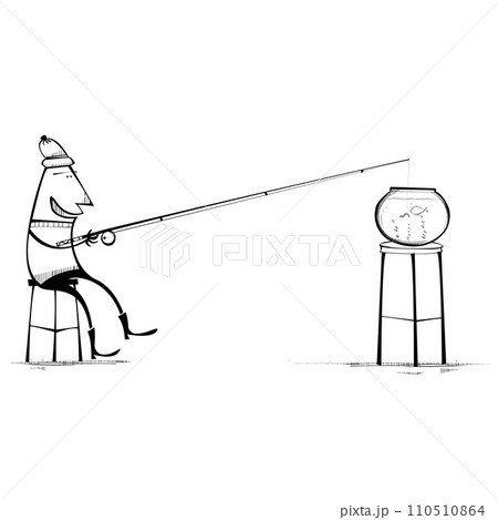 Man fishing in fish bowl Man fishing in fish bowl 110510864