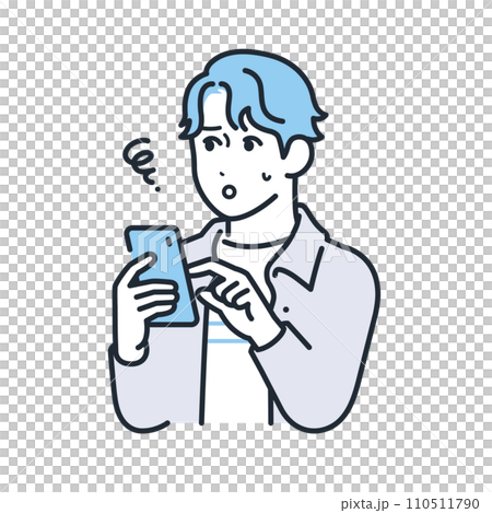 A simple vector illustration of a young man in casual clothes having trouble with his smartphone. 110511790