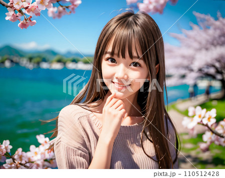 AI画像 満開の桜の公園で笑顔を見せる若い女性 AI画像 満開の桜の公園で笑顔を見せる若い女性 110512428