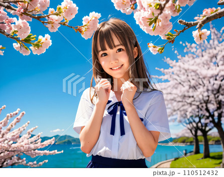 AI画像 満開の桜の公園で笑顔を見せる若い女性 AI画像 満開の桜の公園で笑顔を見せる若い女性 110512432