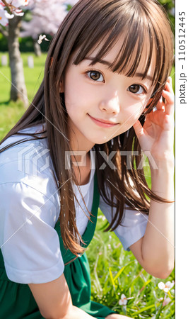 AI画像 満開の桜の公園で笑顔を見せる若い女性 AI画像 満開の桜の公園で笑顔を見せる若い女性 110512445