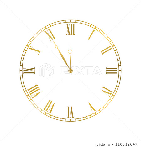 Golden elegant roman numerals clock. Luxury glossy golden clock face dial of round shape vector illustration isolated on white background Golden elegant roman numerals clock. Luxury glossy golden clock face dial of round shape vector illustration isolated on white background 110512647