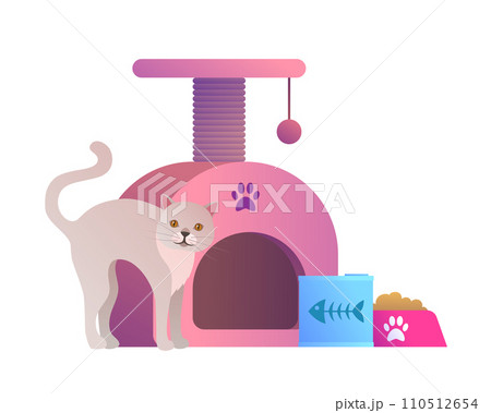 Goods for pets icon with funny cat. White cat, claw point and food in bowl isolated on white background. Animal store cartoon pictogram, advertising of products for pets vector illustration. 110512654