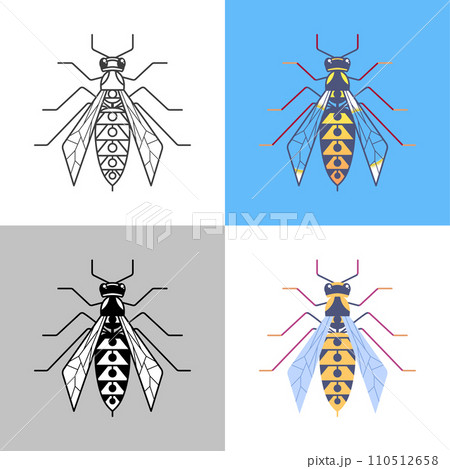 Wasp outline icons set. Hornet signs for logo and web design, branding element vector illustration. Striped dangerous insect in flat style. Black and color wasp pictogram isolated on background. 110512658