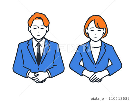 お辞儀をするスーツを着た男女のシンプルなベクターイラスト素材 110512685