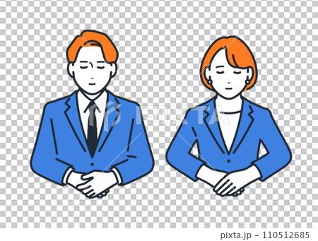 お辞儀をするスーツを着た男女のシンプルなベクターイラスト素材 110512685