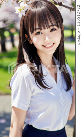 AI画像　満開の桜の公園で笑顔を見せる若い女性 110512722