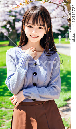 AI画像　満開の桜の公園で笑顔を見せる若い女性 110512723