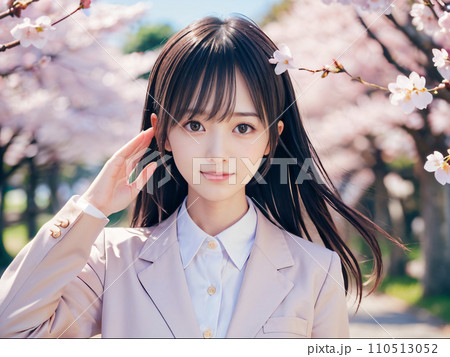 AI画像 満開の桜の公園で笑顔を見せる若い女性 AI画像 満開の桜の公園で笑顔を見せる若い女性 110513052