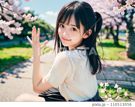 AI画像　満開の桜の公園で笑顔を見せる若い女性 110513056