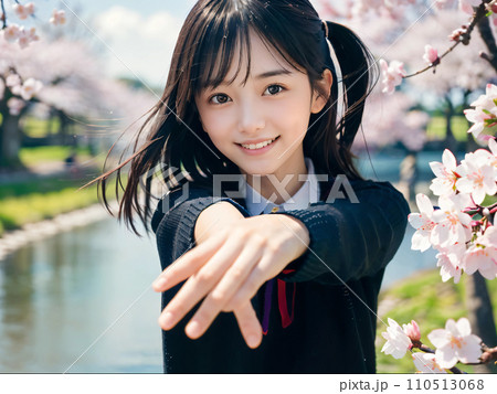 AI画像 満開の桜の公園で笑顔を見せる若い女性 AI画像 満開の桜の公園で笑顔を見せる若い女性 110513068