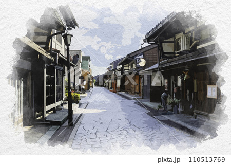 水彩画風　高岡　金屋町　千本格子の家並み　富山県高岡市 110513769